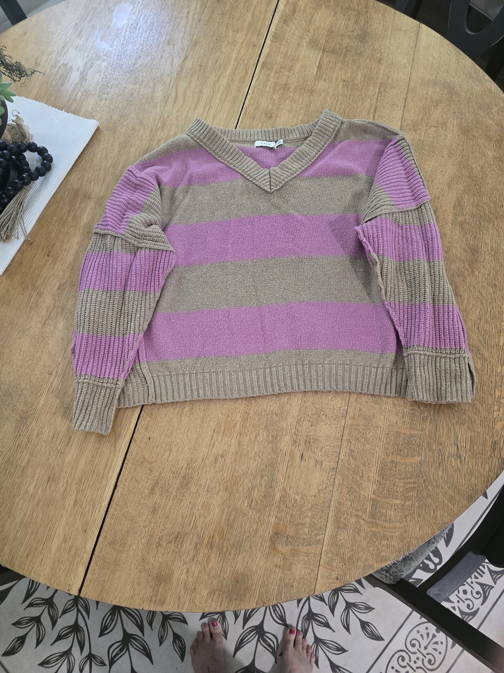 Lush Taupe and Pink Striped V-Neck Sweater